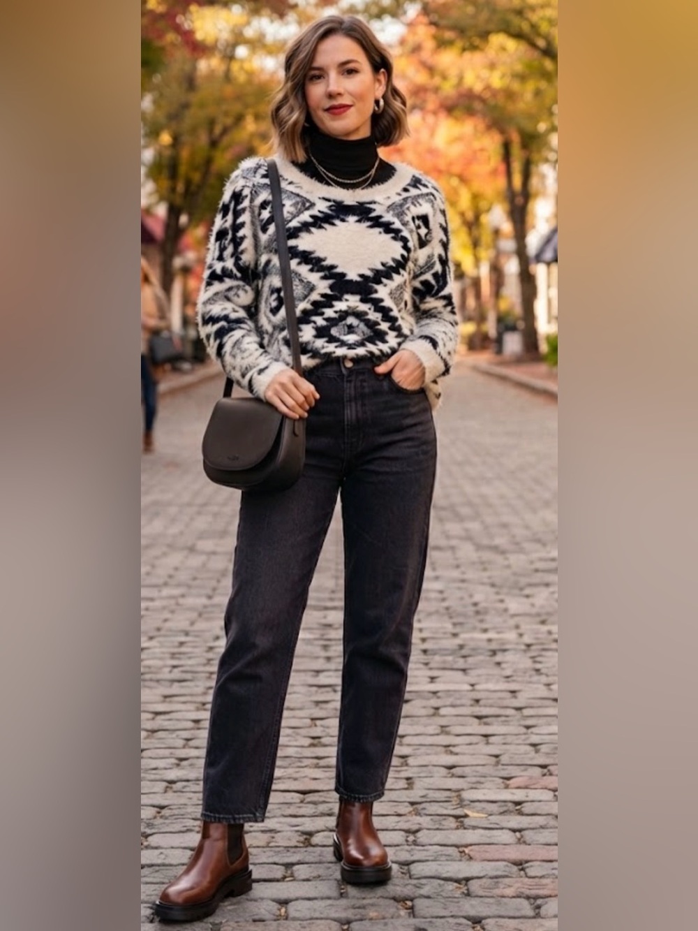 Dex Black & White Fuzzy Aztec Geometric High-Low Sweater Size Large L